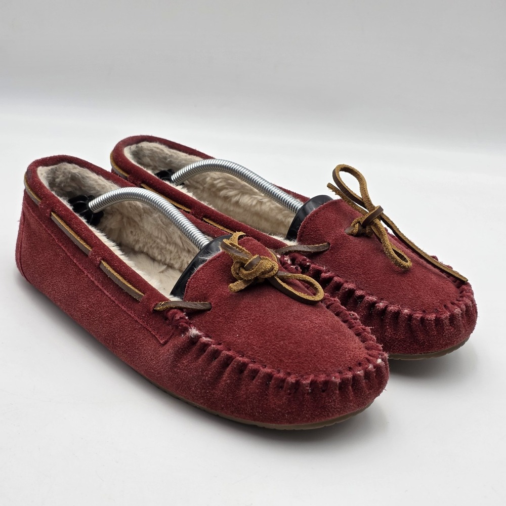Minnetonka Cally Faux Fur Shearling Red Suede Cozy Moccasin Slippers Sz. 10